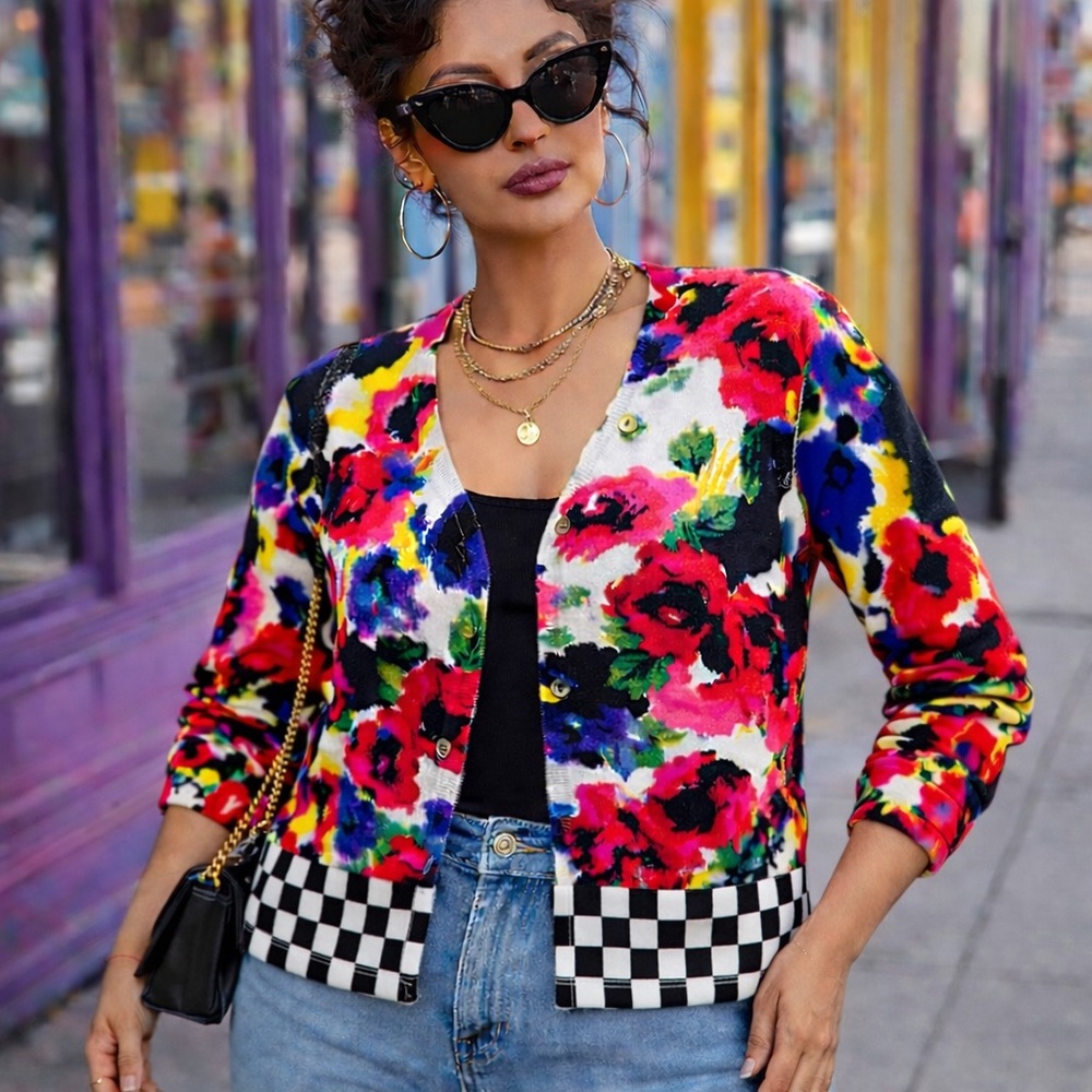 Abstract Floral Cardigan with Checkerboard Hem | Artsy Statement Sweater XL